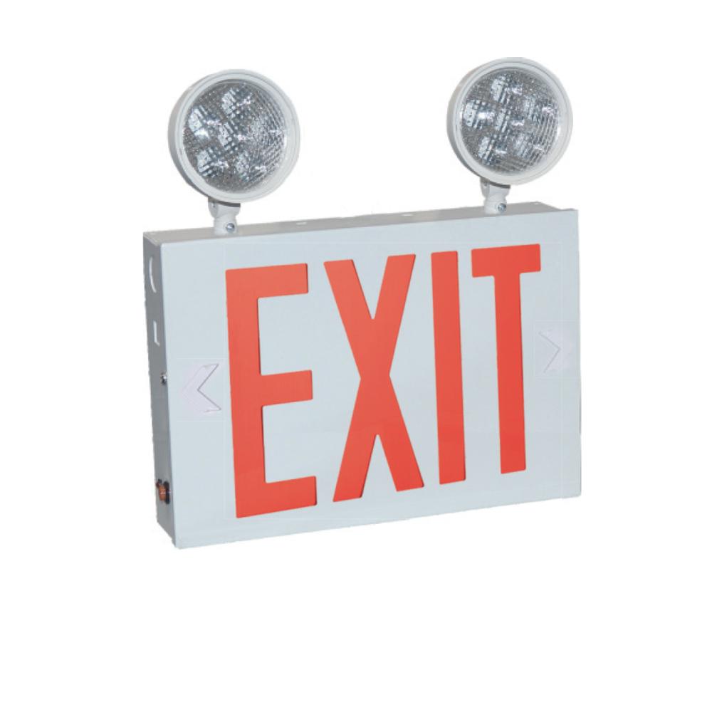 NYC Approved Steel LED Exit with Two 12W Adjustable Heads, Battery Backup, Red