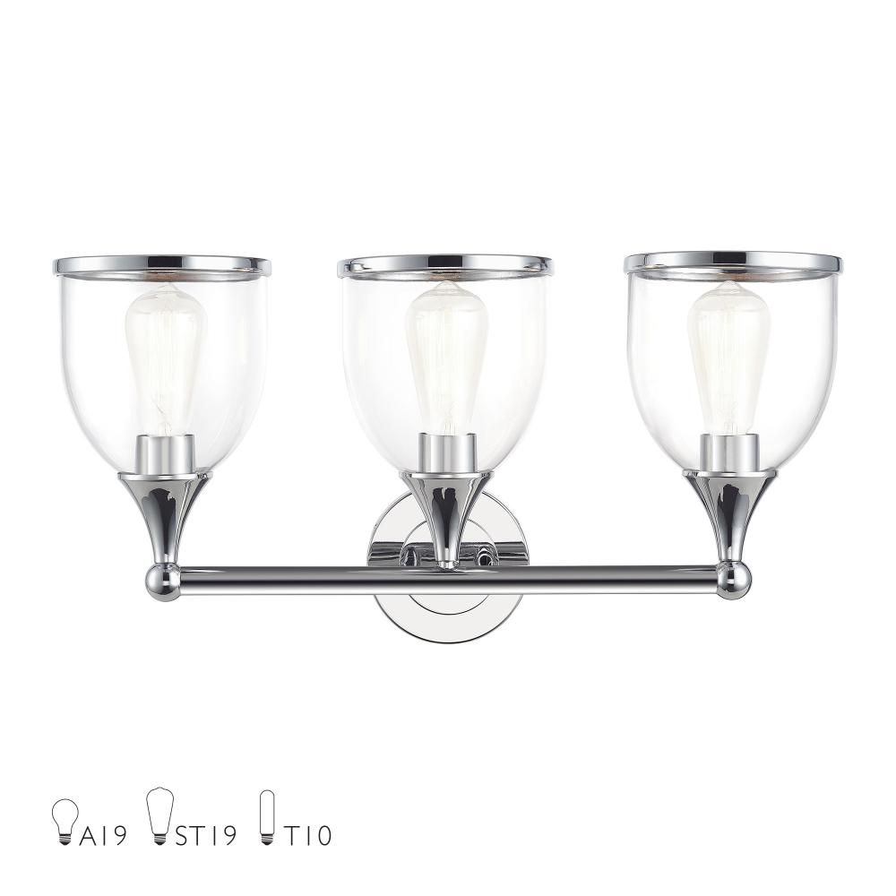 3 Light Polished Chrome Vanity Sconce with Mouth Blown Clear Glass