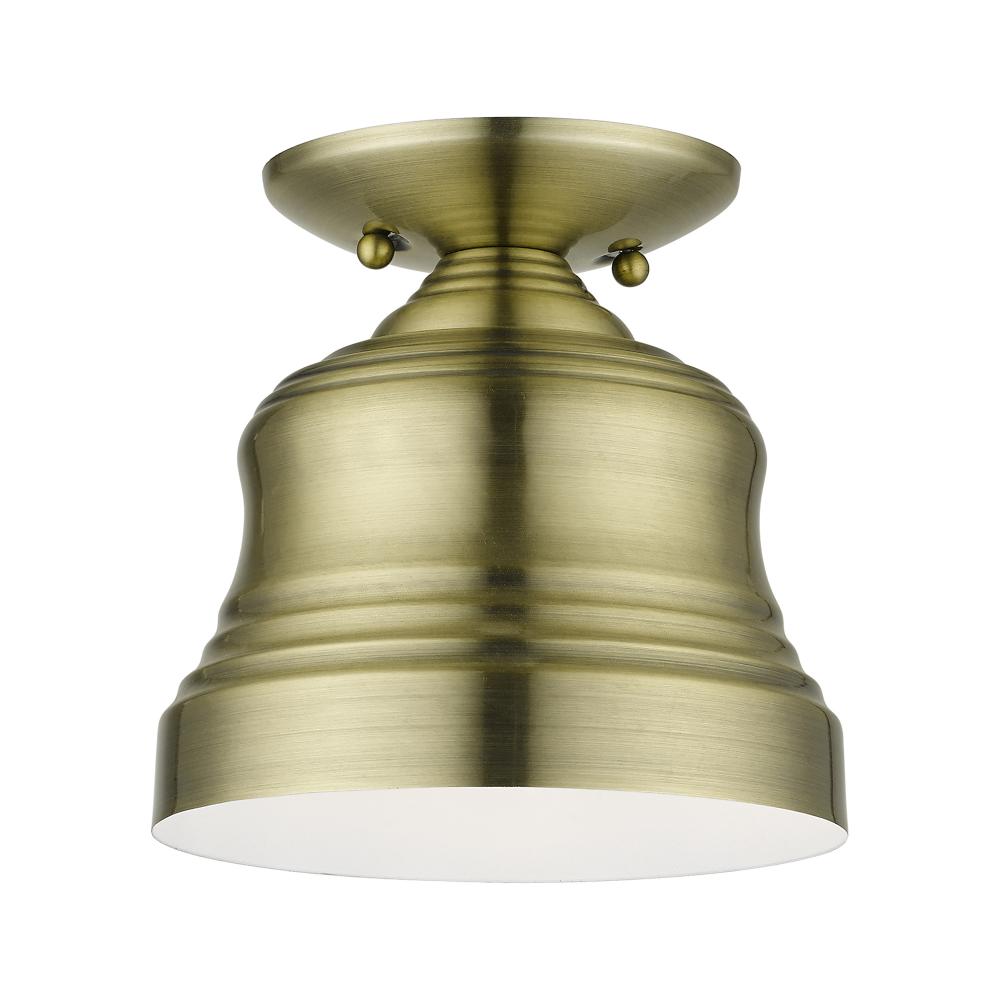 1 Light Antique Brass Bell Petite Bell Semi-Flush with Shiny White Finish Inside