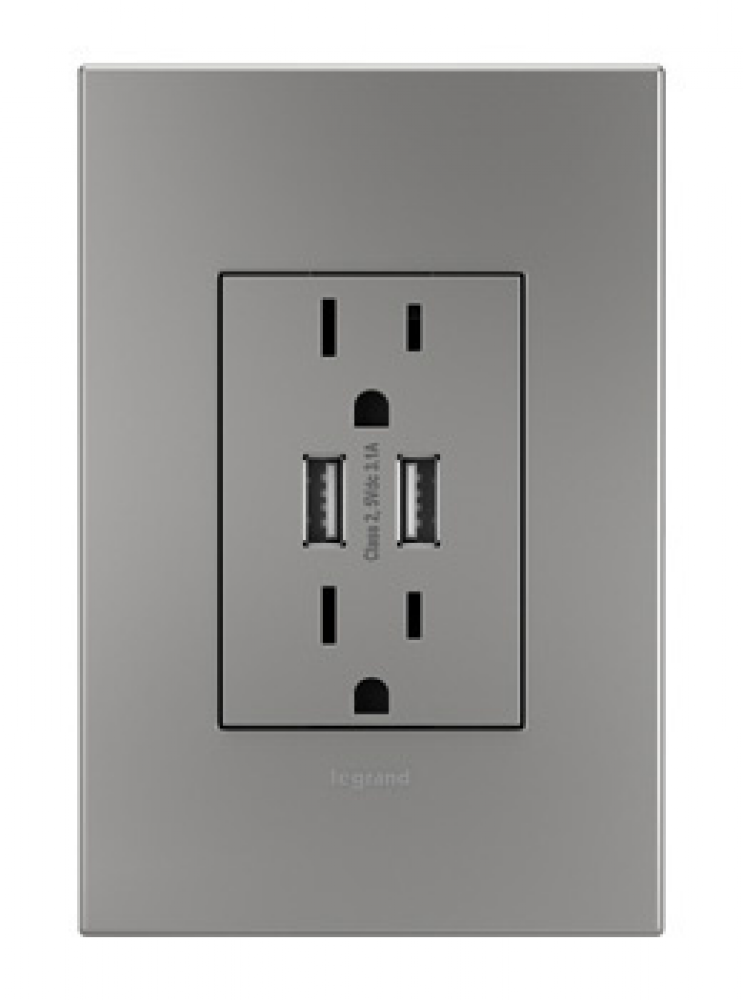 adorne? Dual-USB Outlet with Magnesium Wall Plate, Magnesium
