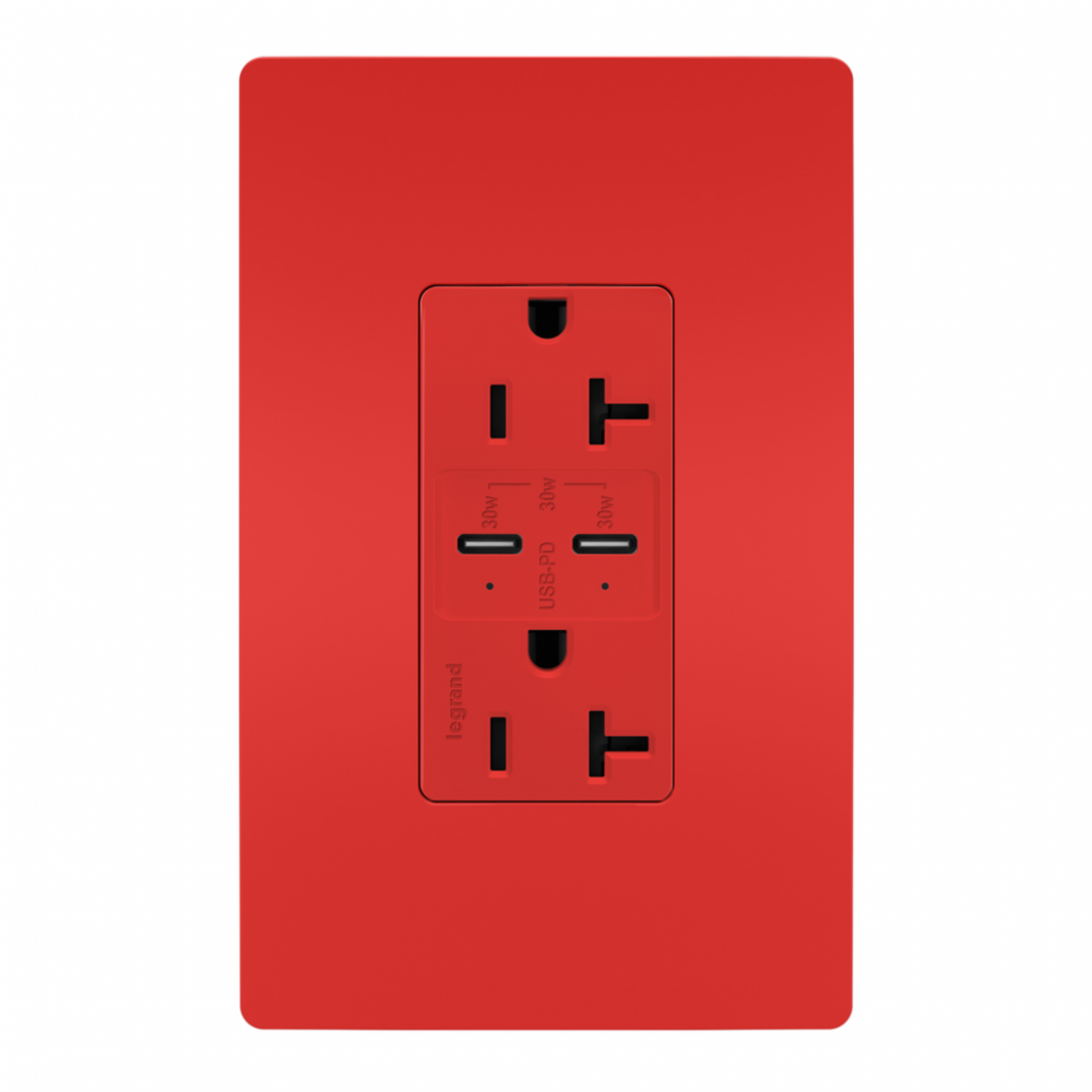 radiant? 20A Tamper Resistant Ultra Fast PLUS Power Delivery USB Type C/C Outlet, Red