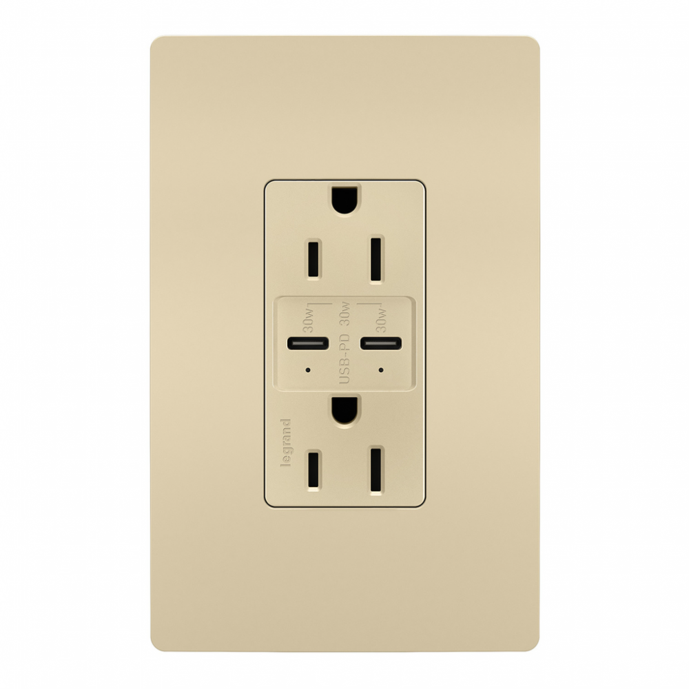 radiant? 15A Tamper Resistant Ultra Fast PLUS Power Delivery USB Type C/C Outlet, Ivory