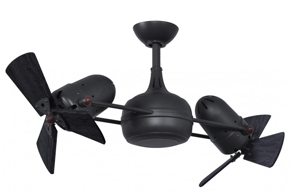 Dagny 360° double-headed rotational ceiling fan in Matte Black finish with solid matte black wood