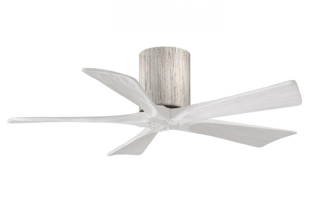 Irene-5H five-blade flush mount paddle fan in Barn Wood finish with 42” solid matte white wood b