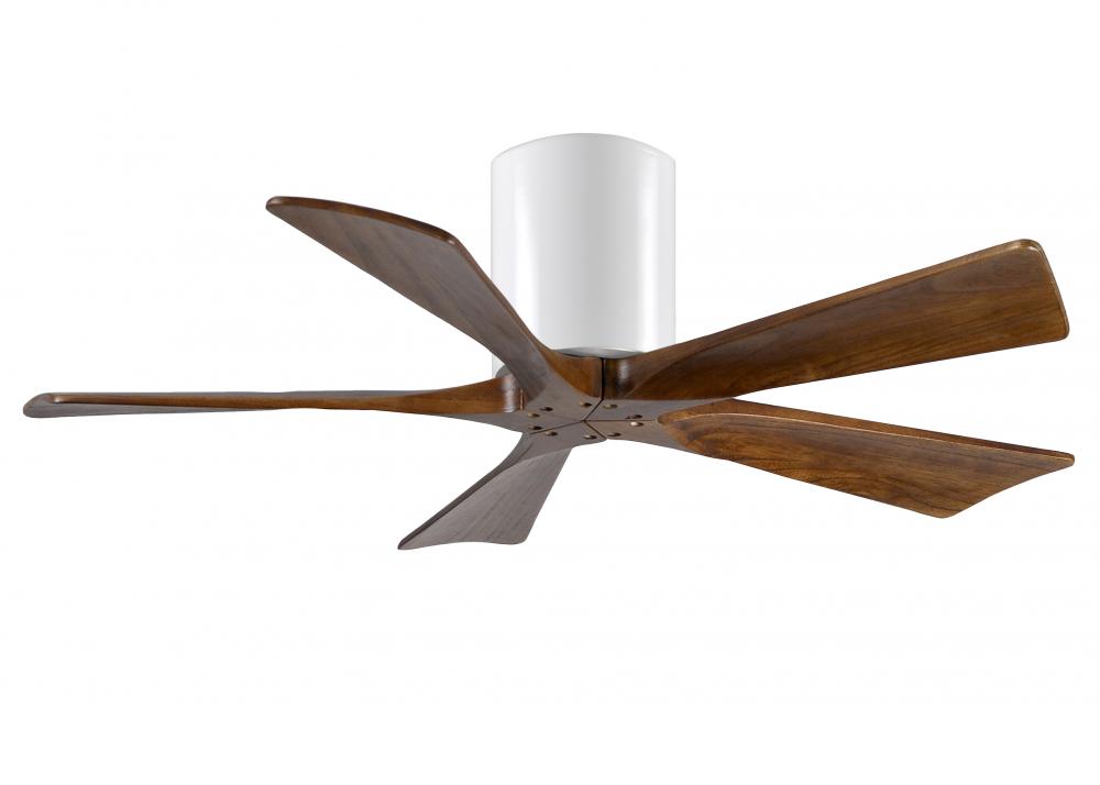 Irene-5H five-blade flush mount paddle fan in Gloss White finish with 42” solid walnut tone blad