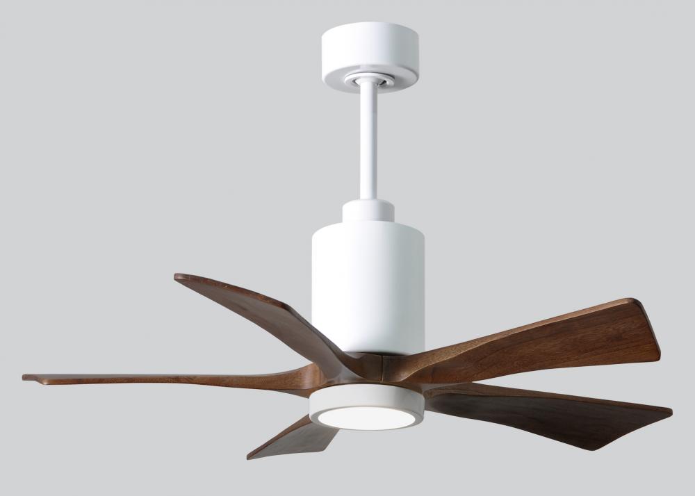 Patricia-5 five-blade ceiling fan in Gloss White finish with 42” solid walnut tone blades and di