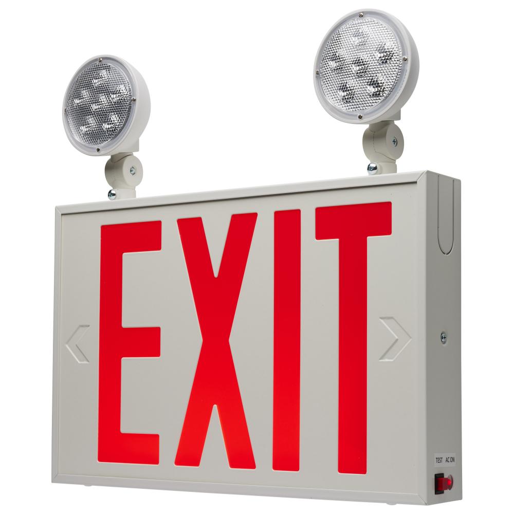 Combination Red Exit Sign/Emergency Light, 90min Ni-Cad backup, 120-277V, Dual Head, Single/Dual