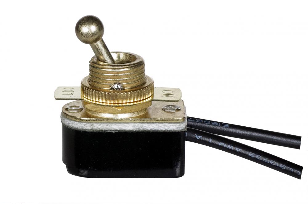On-Off Metal Toggle Switch; Single Circuit; 6A-125V, 3A-250V Rating; 6" Leads; Brass Finish