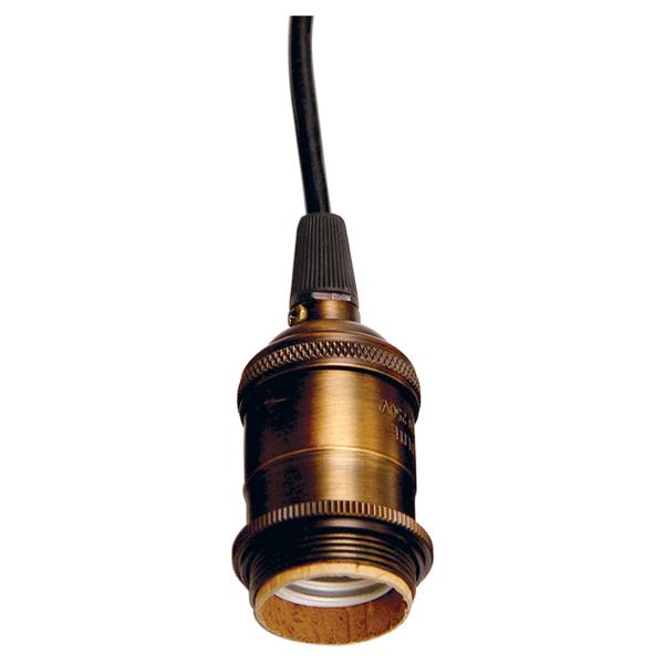 Medium base lampholder; 4pc. Solid brass; prewired; Uno ring; 6ft. 18/2 SVT Black Cord; Dark antique