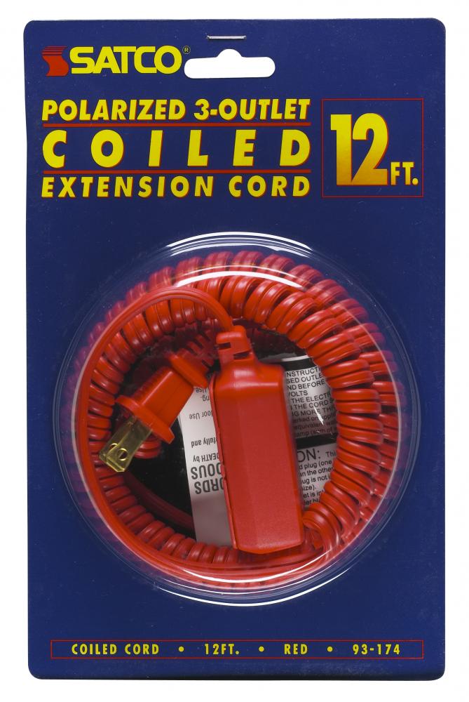 12 Foot Coiled (Extended) Extension Cord; Red Finish; 16/2 SPT-2; 13A-125V-1625W Rating