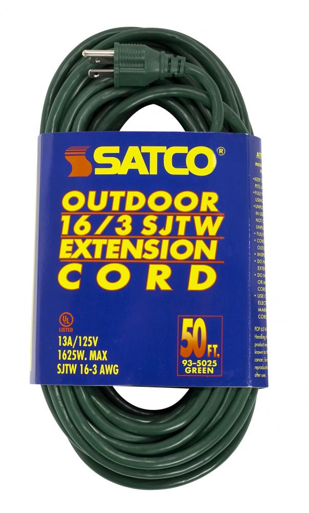 50 Foot Green Heavy Duty Outdoor Extension Cord; 16/3 Ga. SJTW-3 Green Cord With Sleeve; 13A-125V;