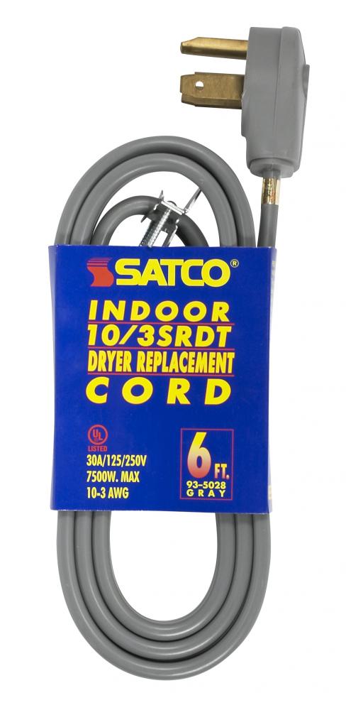 6 Foot, 3 Wire Heavy Duty Replacement Dryer Cord; 10-3 SRDT Gray Flat; Indoor Use Only;