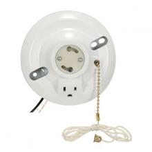 Satco Products Inc. 90/2484 - White Phenolic GU24 On-Off Pull Chain Ceiling Receptacle With Grounded Outlet; 6" AWM B/W Leads