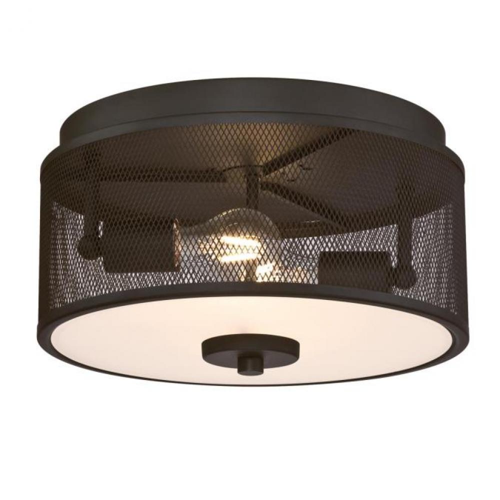 13 in. 2 Light Flush Oil Rubbed Bronze Finish Mesh Shade and Frosted Glass