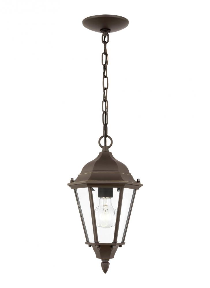 Bakersville traditional 1-light outdoor exterior pendant in antique bronze finish with clear beveled