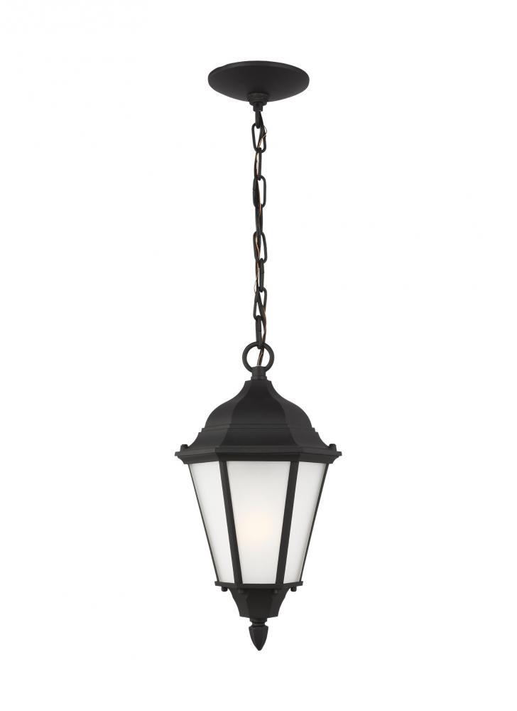 Bakersville traditional 1-light outdoor exterior pendant in black finish with satin etched glass pan
