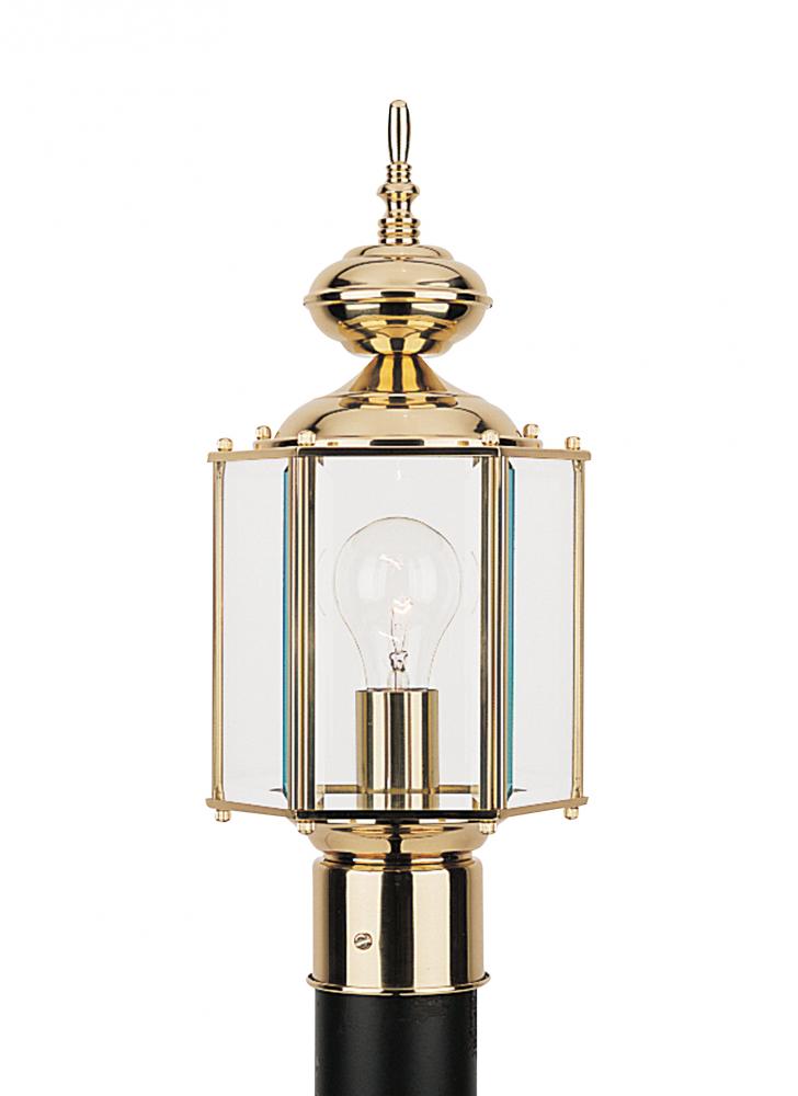 Classico traditional 1-light outdoor exterior post lantern in polished brass gold finish with clear