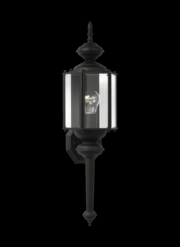 Classico traditional 1-light outdoor exterior large wall lantern sconce in black finish with clear b