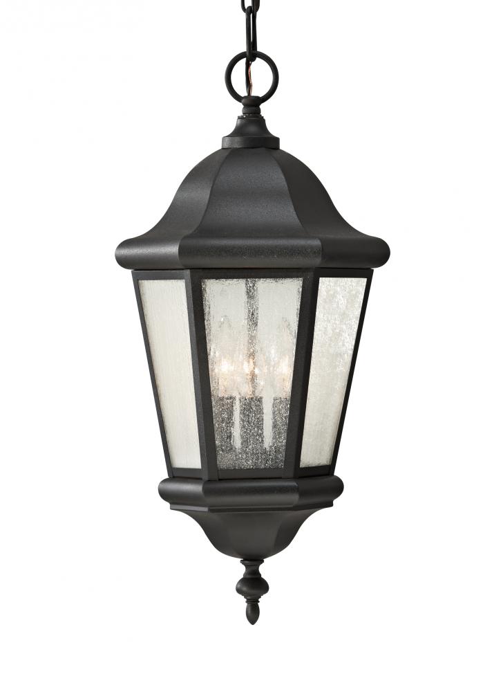 Martinsville traditional 3-light outdoor exterior pendant lantern in black finish with clear seeded