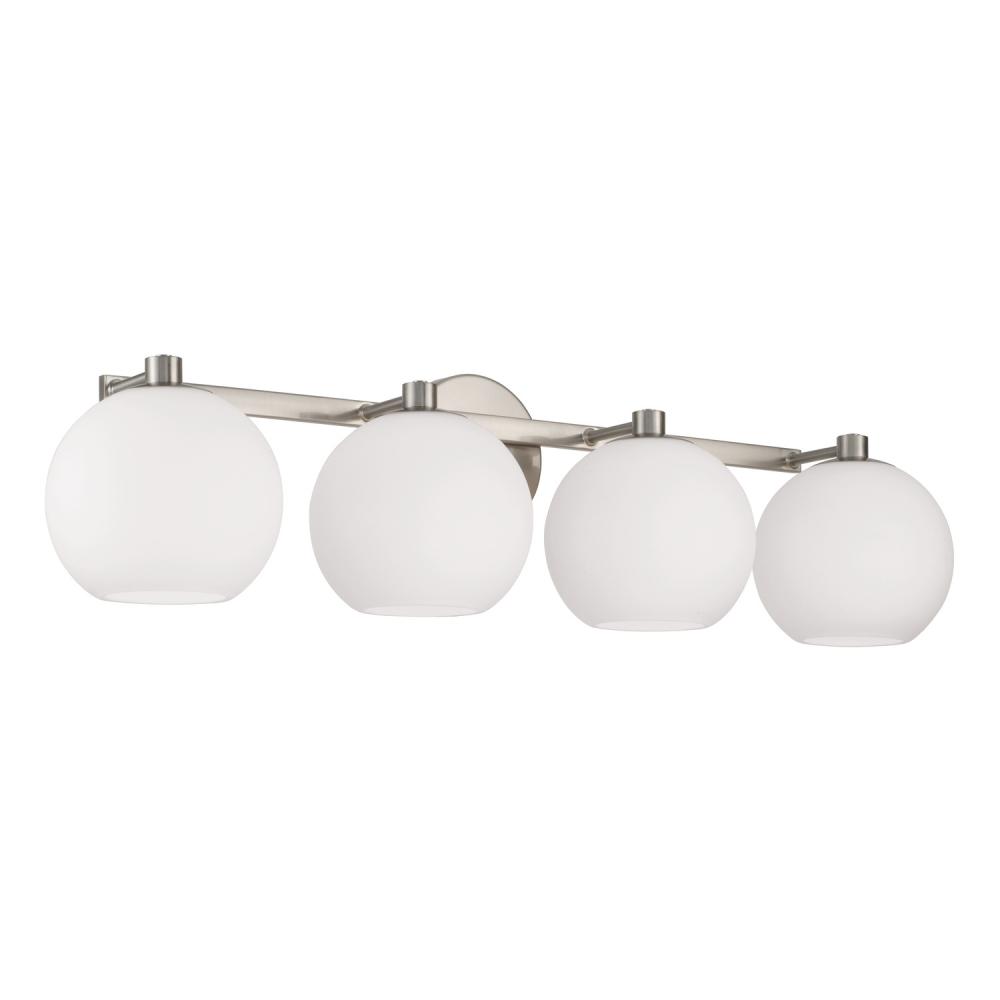 4-Light Circular Globe Vanity in Brushed Nickel with Soft White Glass