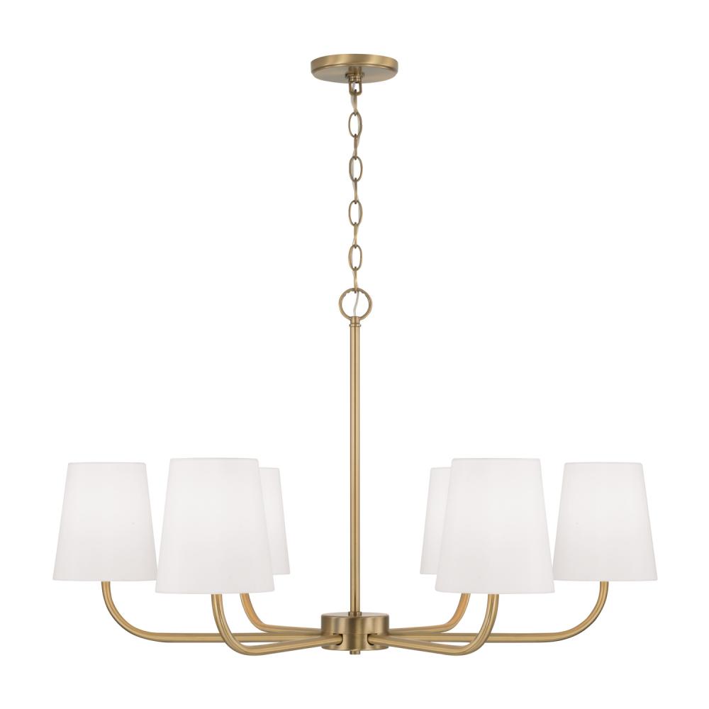 6-Light Chandelier in Aged Brass with White Fabric Stay-Straight Shades