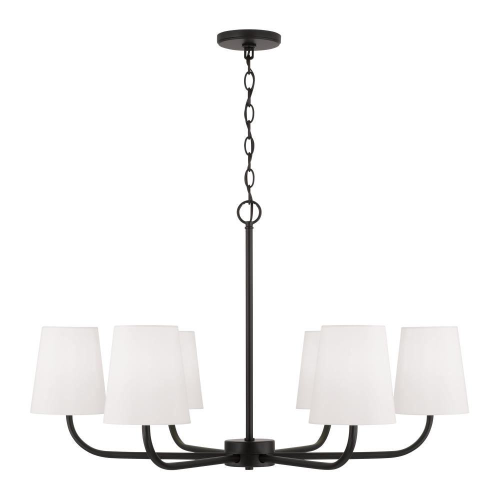 6-Light Chandelier in Matte Black with White Fabric Stay-Straight Shades