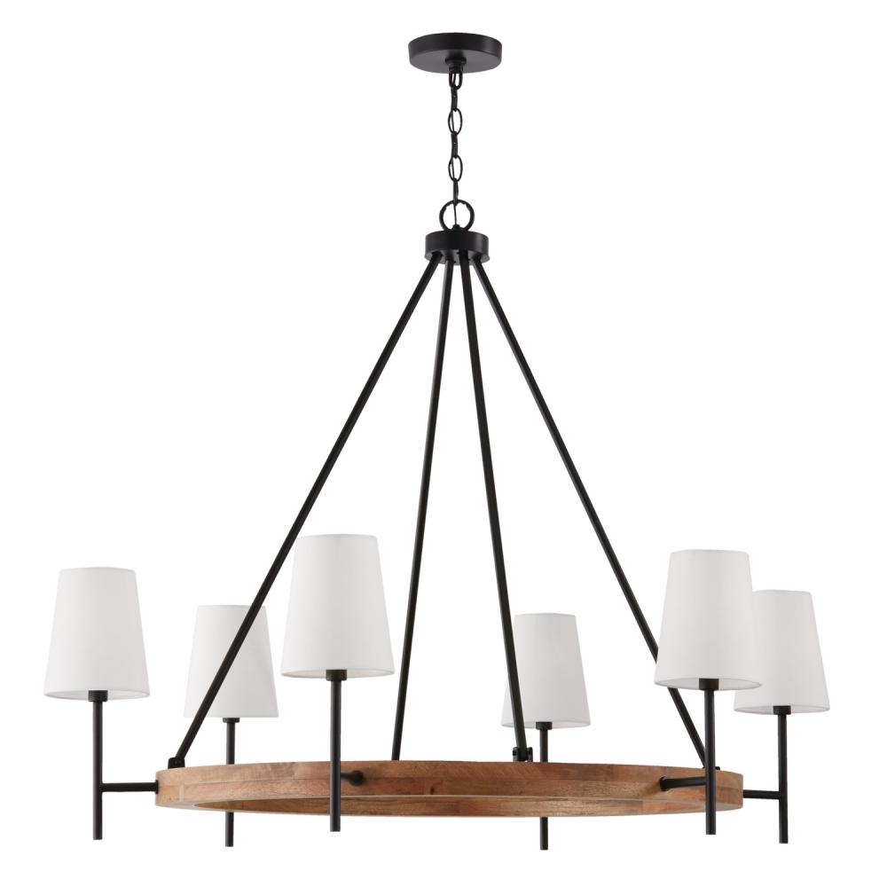 6-Light Chandelier in Matte Black and Mango Wood with Removable White Fabric Shades