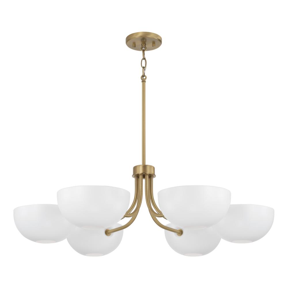 6-Light Chandelier in Aged Brass and White