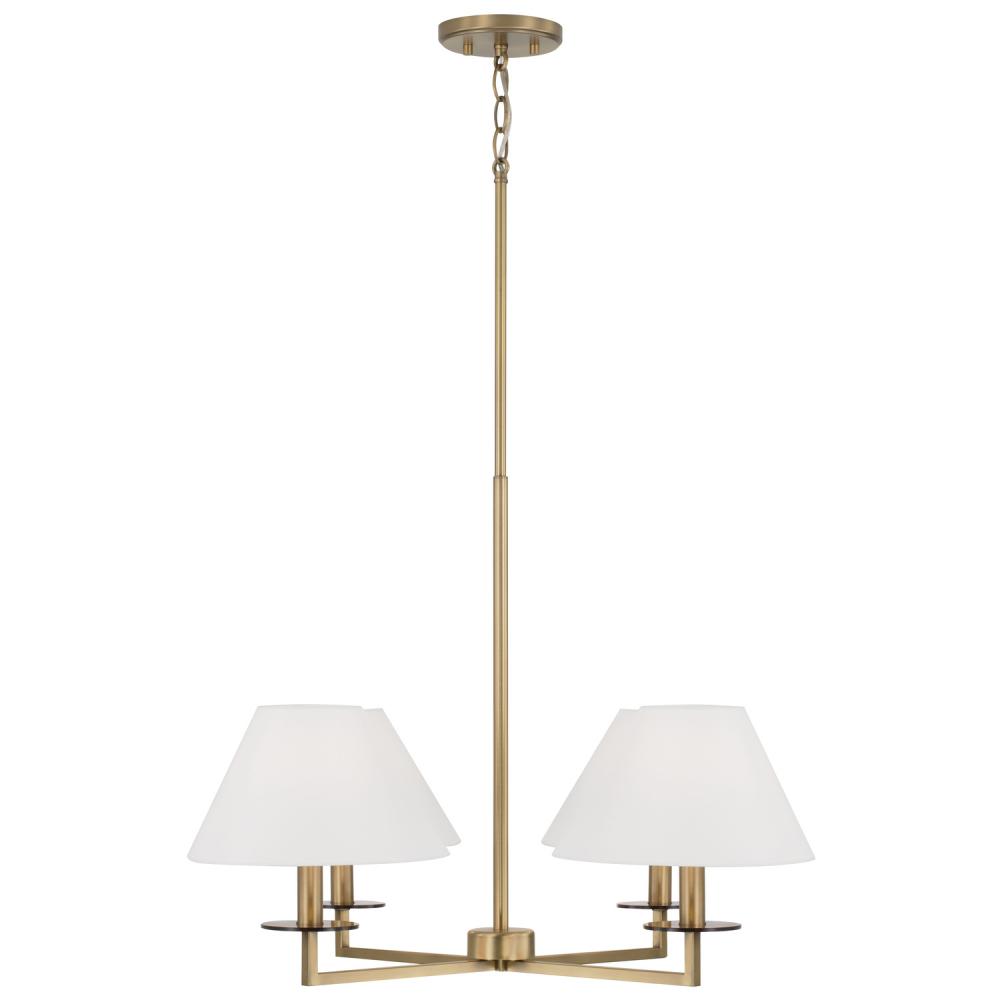 4-Light Chandelier in Aged Brass with White Fabric Stay-Straight Shades