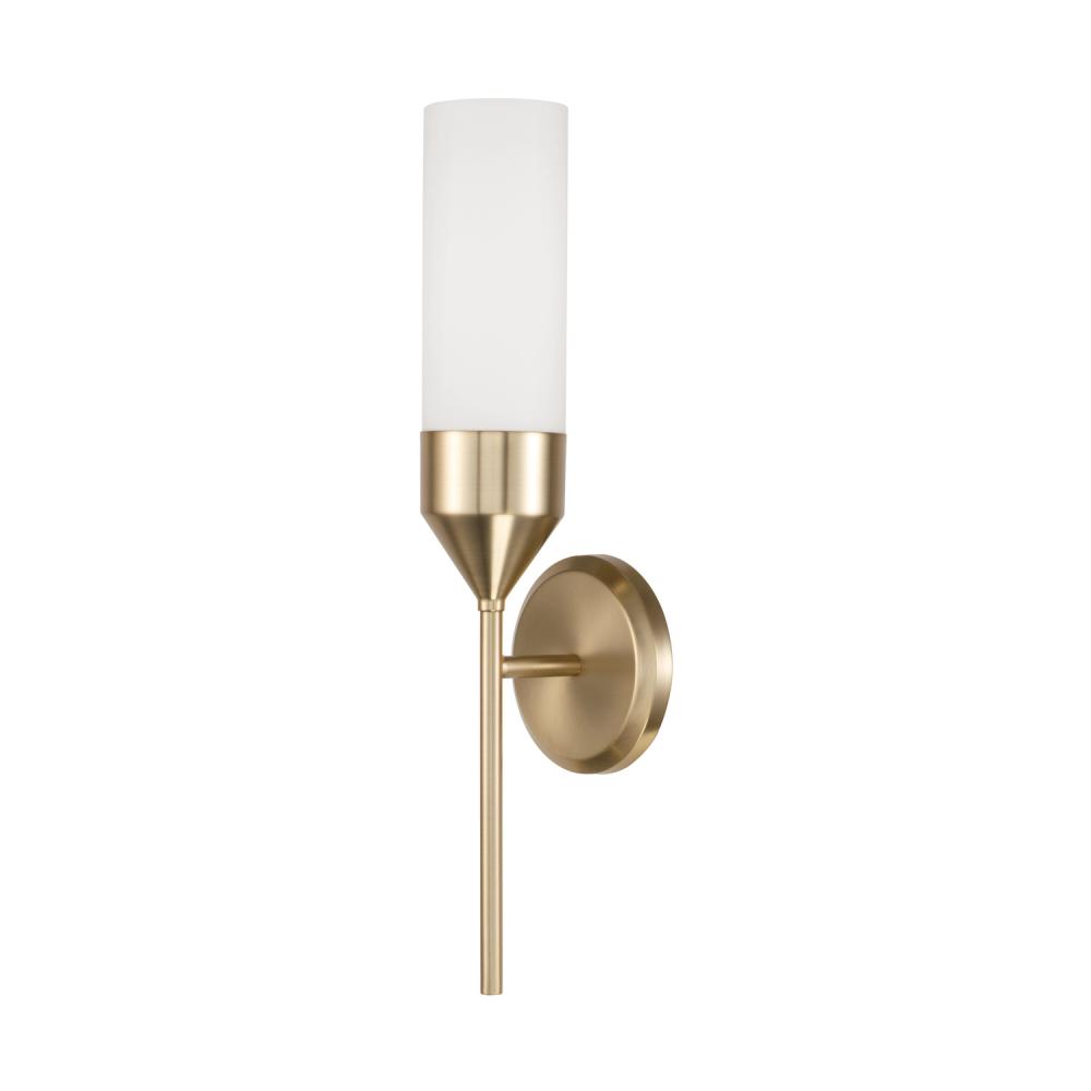 1-Light Cylindrical Sconce in Matte Brass with Soft White Glass
