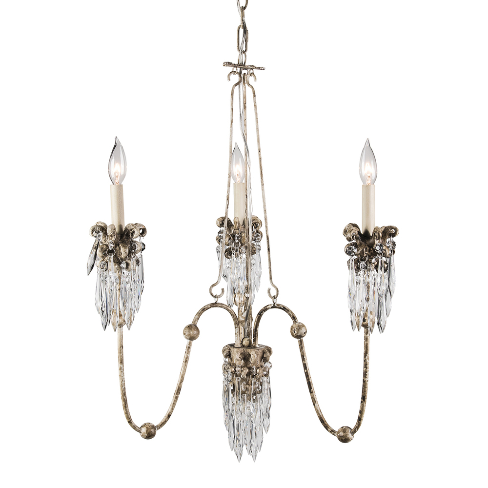 Flambeau's Venetian 3 Light Mini Chandelier in Distressed White Bronze and Crystal