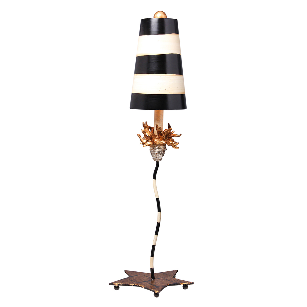 Black & White Striped Shaded La Fleur Buffet Table Lamp with Distressed Gold Accents