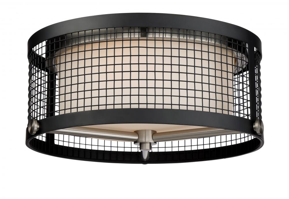 Pratt - 3 Light Flush Mount Fixture with White Glass - Black Finish with Brushed Nickel Accents