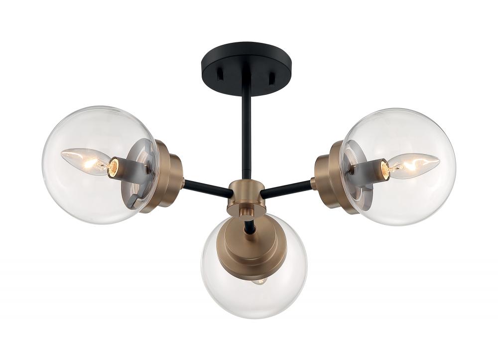 Axis - 3 Light Semi-Flush with Clear Glass - Matte Black and Brass Accents Finish