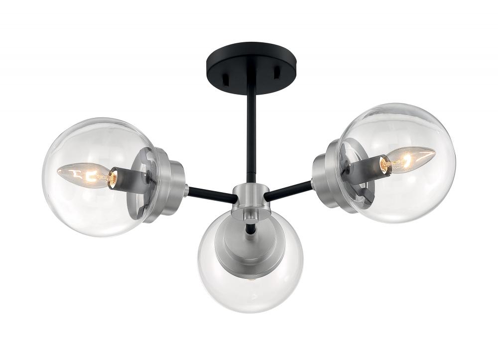 Axis - 3 Light Semi-Flush with Clear Glass - Matte Black and Brushed Nickel Finish